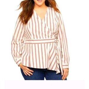Lane Bryant Womens Top Size 26 Stripe Faux Wrap Side Buckle Long Sleeve Side Zip